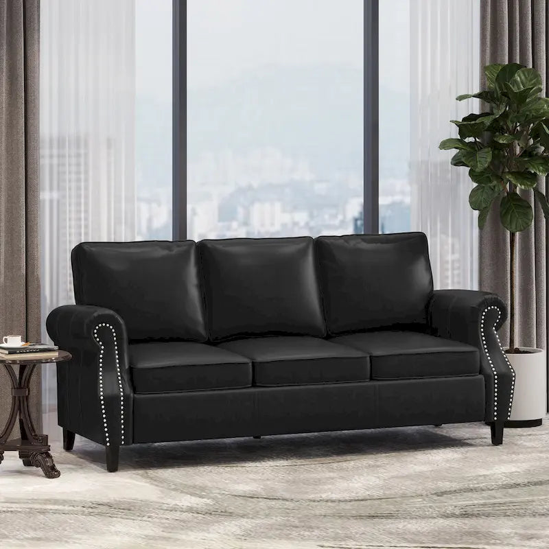 Black Modern 80 Faux Leather 3-seater Sofa with Birch Wood Legs and Nailheads for Living Room