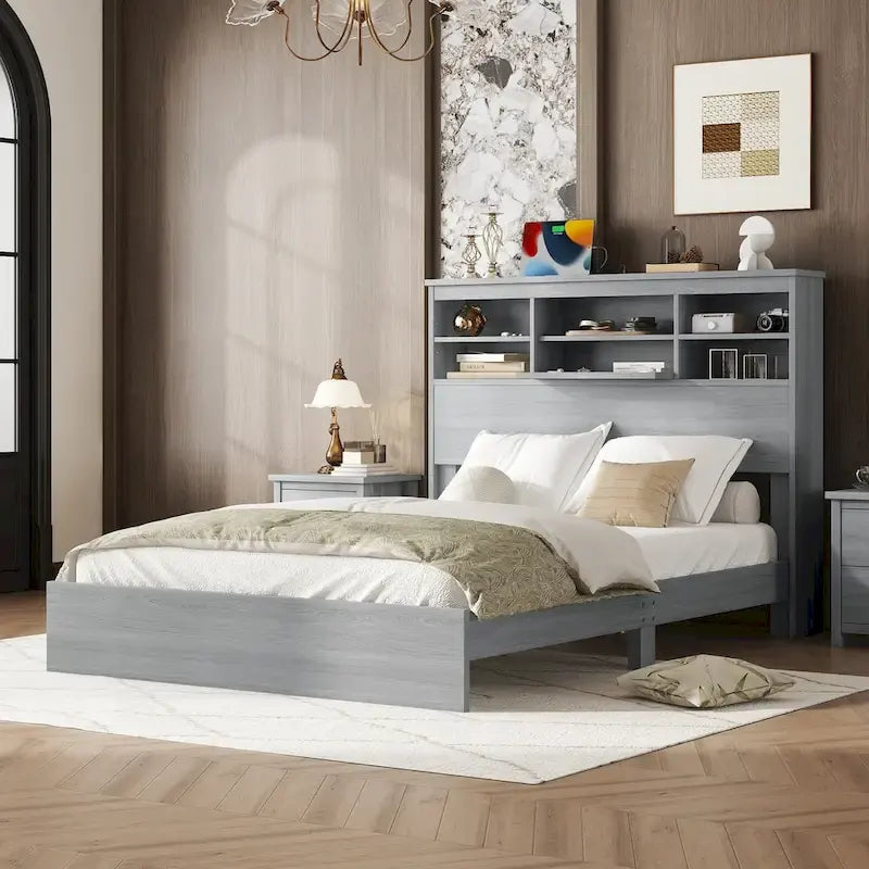 Queen Size Vintage Wooden Platform Bed with Storage Headboard