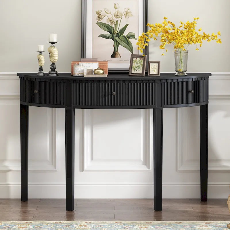 51.1 Modern Curved Console Table with Vertical Stripe Drawer Fronts for Entryway, Hallway, Living Room