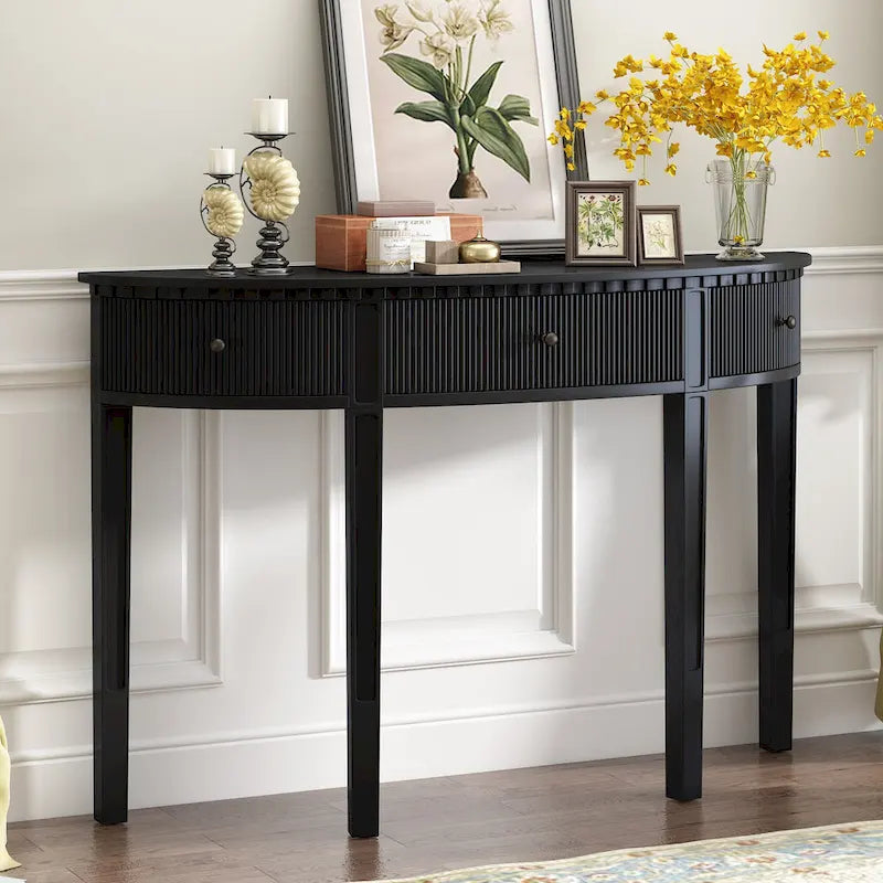 51.1 Modern Curved Console Table with Vertical Stripe Drawer Fronts for Entryway, Hallway, Living Room