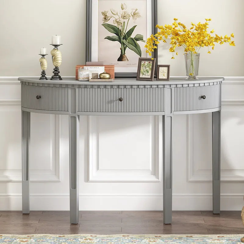 51.1 Modern Curved Console Table with Vertical Stripe Drawer Fronts for Entryway, Hallway, Living Room