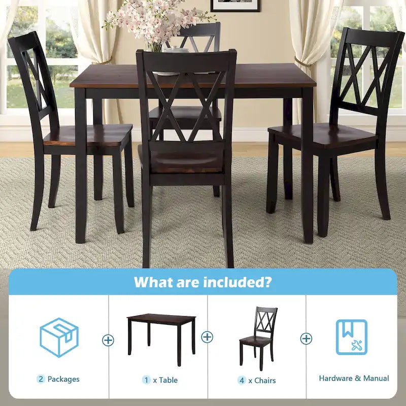 Black 5-Piece Wooden Dining Table Set with Rectangular Table & 4 Chairs