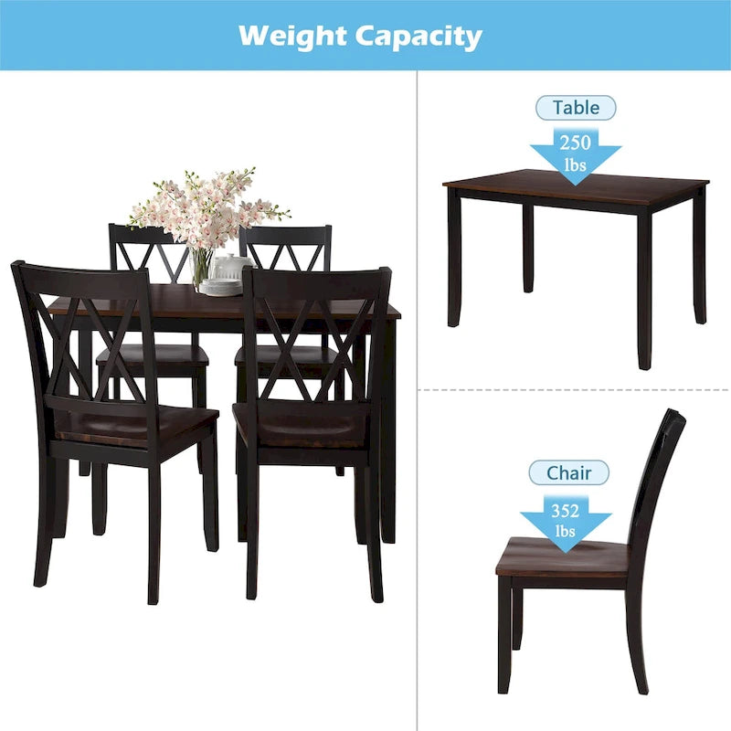 Black 5-Piece Wooden Dining Table Set with Rectangular Table & 4 Chairs