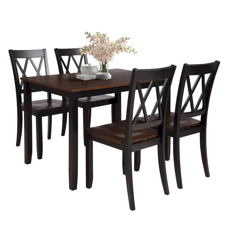 Black 5-Piece Wooden Dining Table Set with Rectangular Table & 4 Chairs