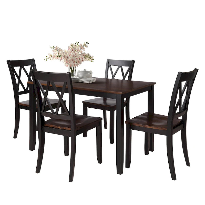 Black 5-Piece Wooden Dining Table Set with Rectangular Table & 4 Chairs