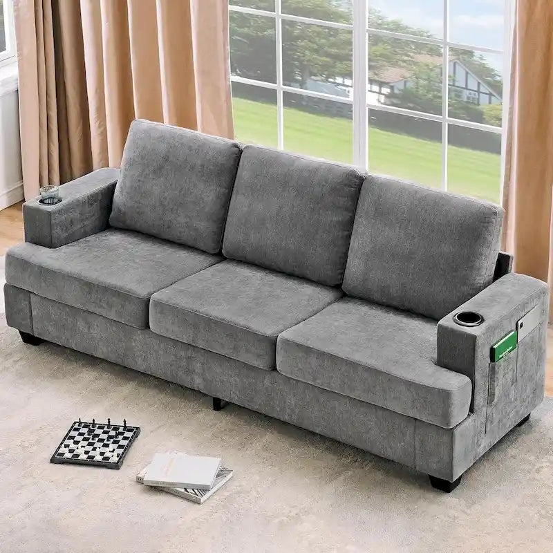 89 3-Seater Sofa, Deep Seat Sofa, Modern Comfy Couches for Living Room with Cup Holders