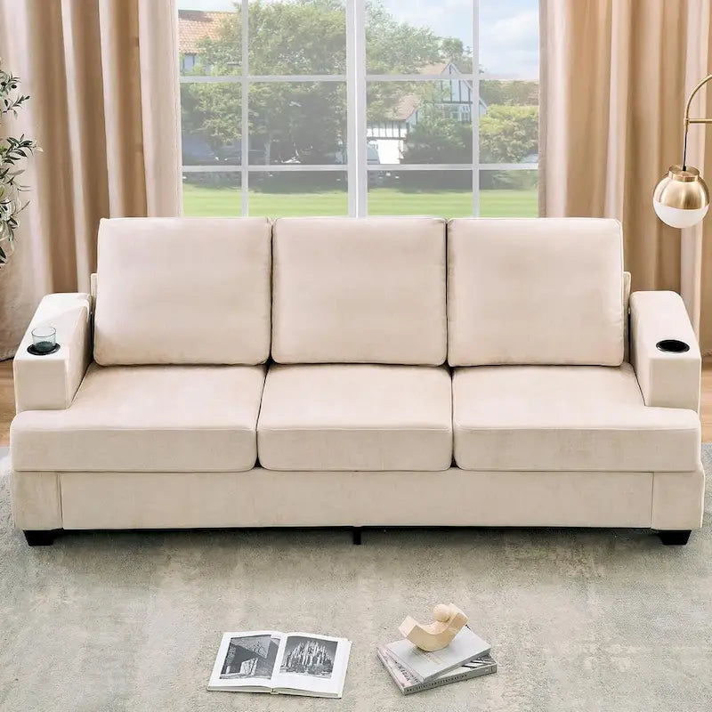 89 3-Seater Sofa, Deep Seat Sofa, Modern Comfy Couches for Living Room with Cup Holders