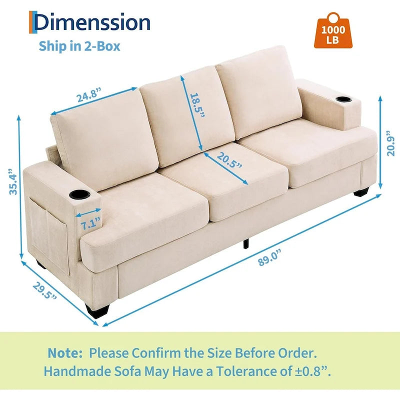 89 3-Seater Sofa, Deep Seat Sofa, Modern Comfy Couches for Living Room with Cup Holders