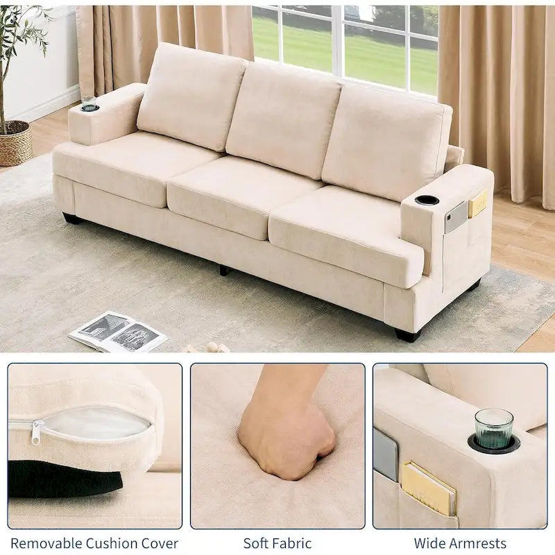 89 3-Seater Sofa, Deep Seat Sofa, Modern Comfy Couches for Living Room with Cup Holders
