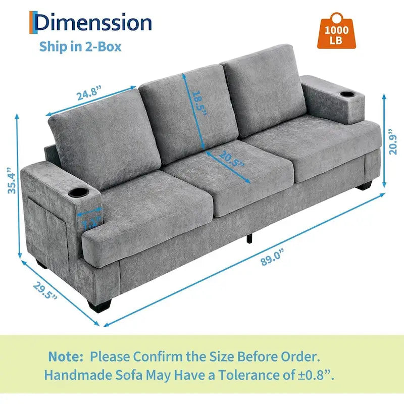 89 3-Seater Sofa, Deep Seat Sofa, Modern Comfy Couches for Living Room with Cup Holders