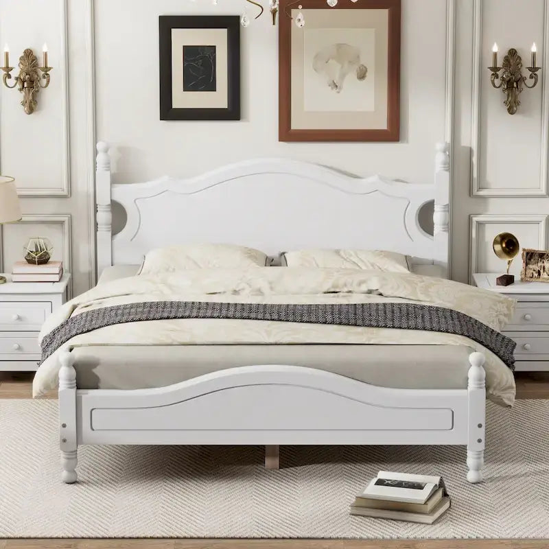 White Vintage-inspired Queen Size Wood Platform Bed