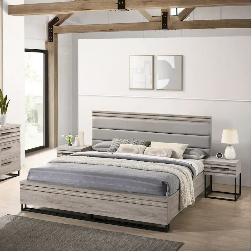 Roundhill Furniture Alvear 3-Piece Upholstered Wood Bedroom Set, Panel Bed and Two Nightstands, Weathered Gray