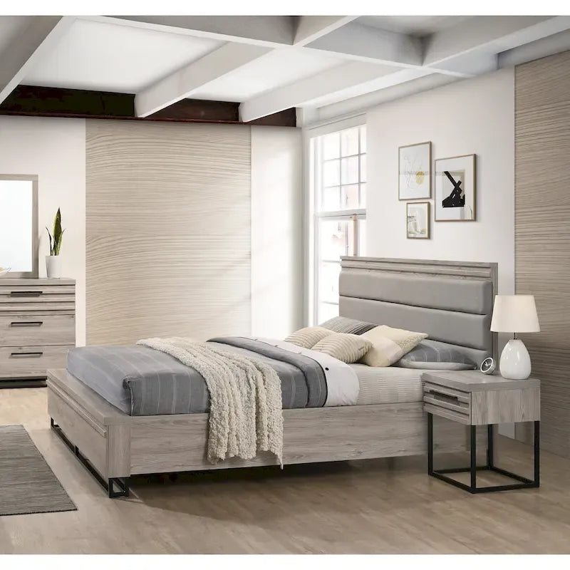 Roundhill Furniture Alvear 3-Piece Upholstered Wood Bedroom Set, Panel Bed and Two Nightstands, Weathered Gray