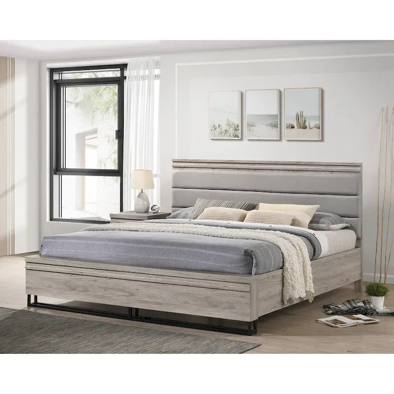 Roundhill Furniture Alvear 3-Piece Upholstered Wood Bedroom Set, Panel Bed and Two Nightstands, Weathered Gray