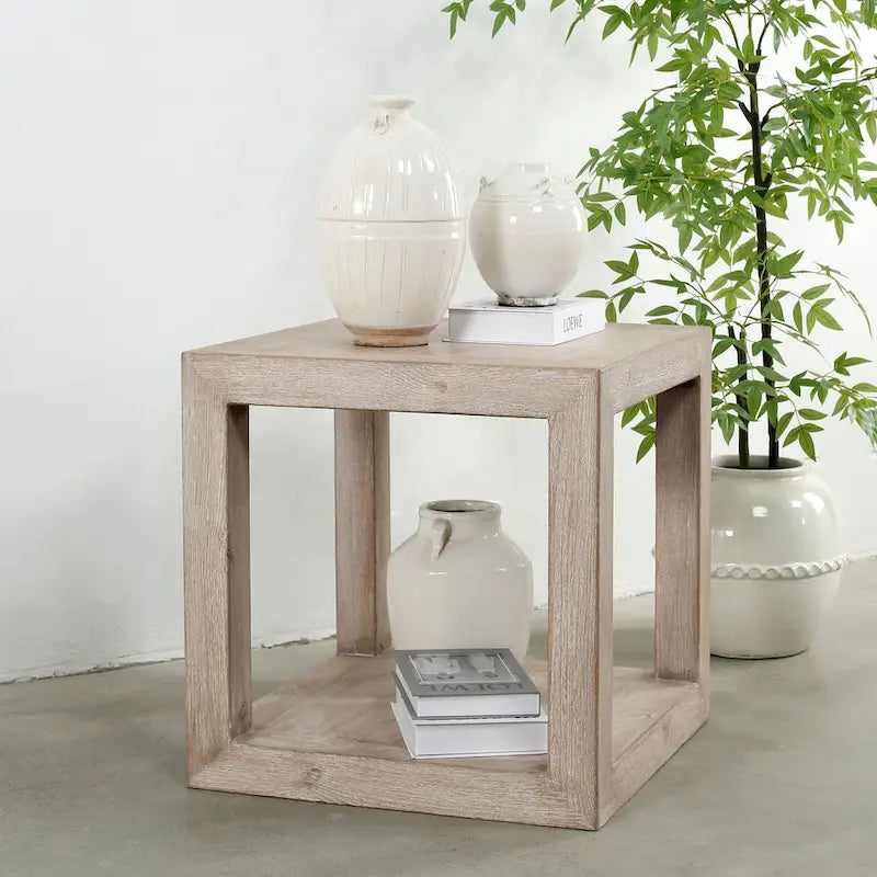 Artissance Peking Grand Framed Square Side Table, 22 Inch Tall, Weathered White Wash Finish