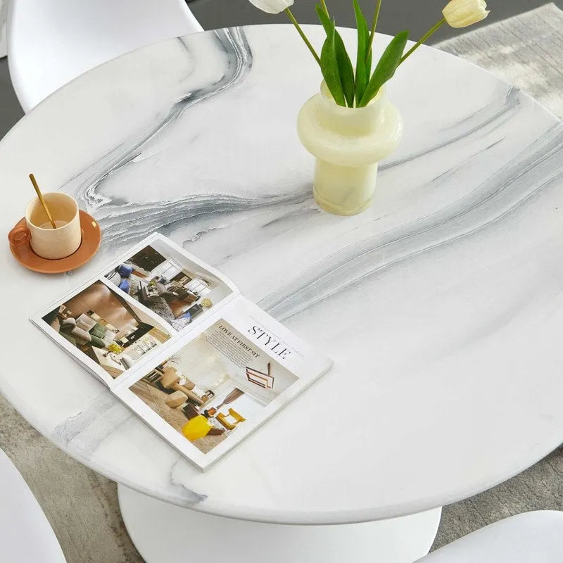 42.1 Tulip Dining Table With Round Marble Pattern Table Top for 4-6 People