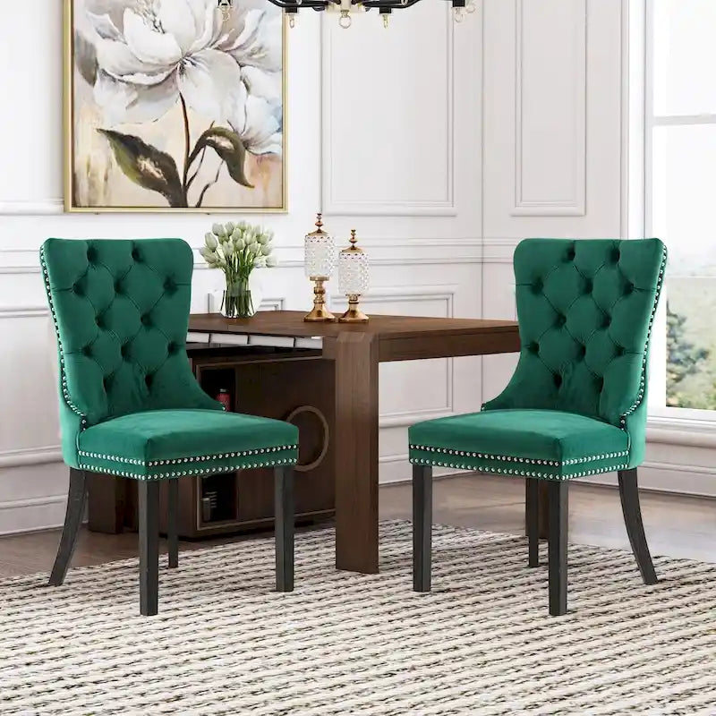 Velvet Dining Chairs Set of 2, Upholstered High-end Tufted Dining Room Chair with Nailhead Back Ring Pull Trim Solid Wood Legs