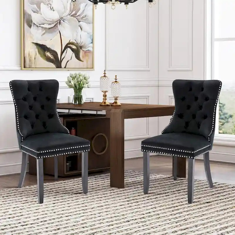 Velvet Dining Chairs Set of 2, Upholstered High-end Tufted Dining Room Chair with Nailhead Back Ring Pull Trim Solid Wood Legs