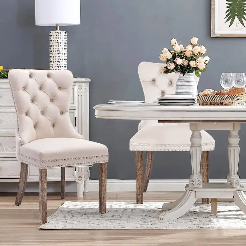 Velvet Dining Chairs Set of 2, Upholstered High-end Tufted Dining Room Chair with Nailhead Back Ring Pull Trim Solid Wood Legs