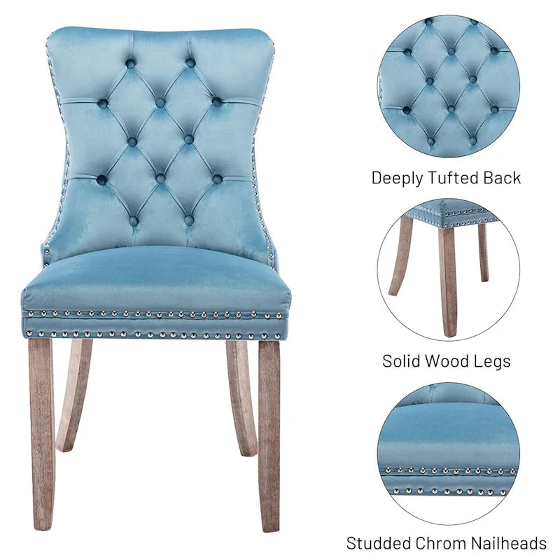 Velvet Dining Chairs Set of 2, Upholstered High-end Tufted Dining Room Chair with Nailhead Back Ring Pull Trim Solid Wood Legs