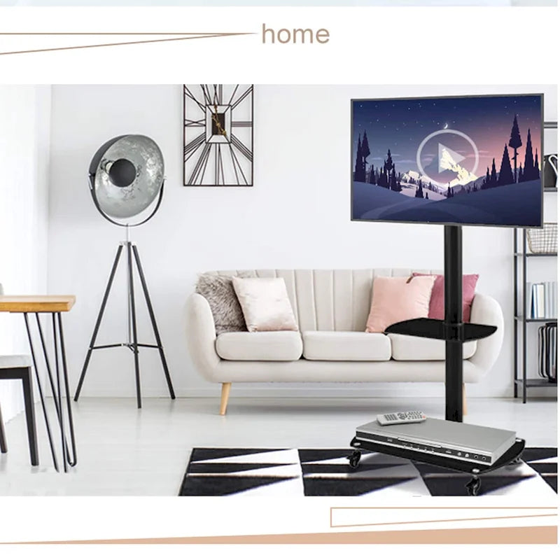 Adjustable Tempered Glass Metal Frame With Lockable Wheels Mobile TV Stand