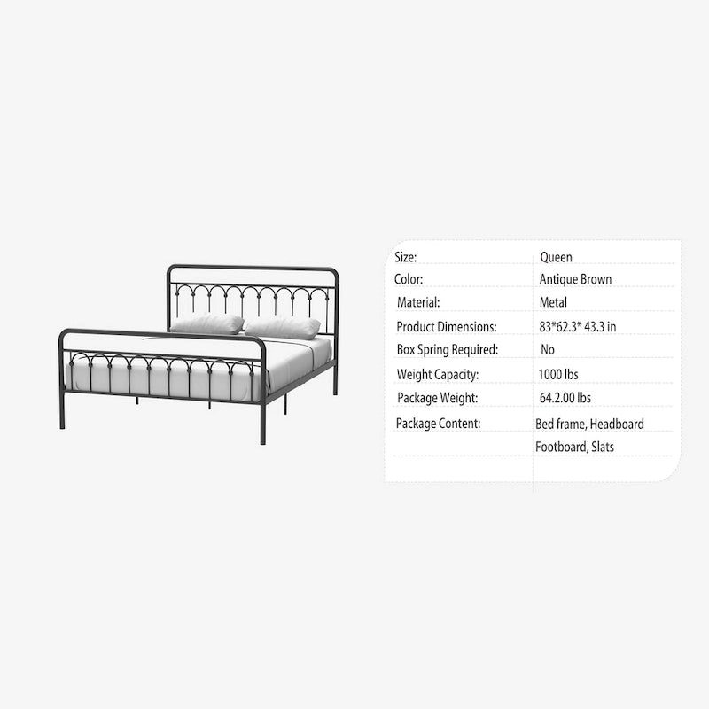 CUSchoice Metal Bed Queen in Black and Antique Brown Finishes
