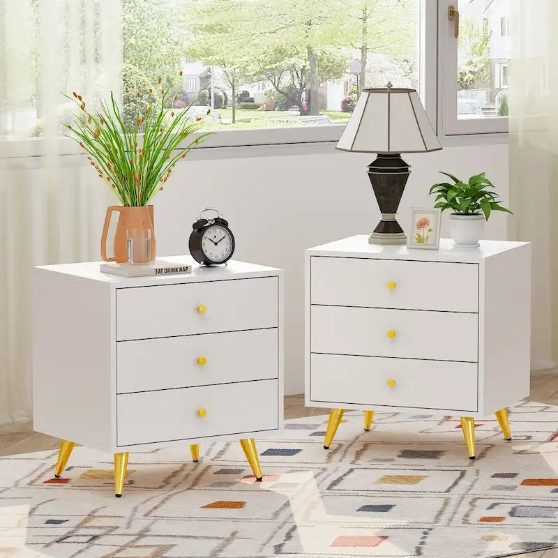 Nightstand Bedside Table 3-Drawer with Metal Legs End Table White