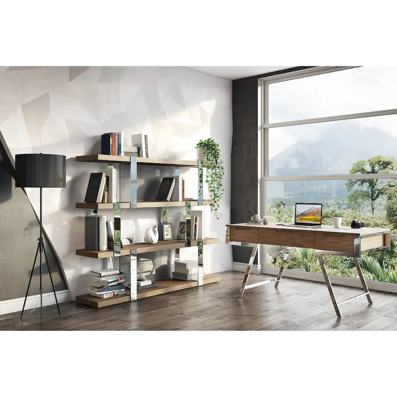 Modern Walnut Glass & Stainless Steel Bookshelf