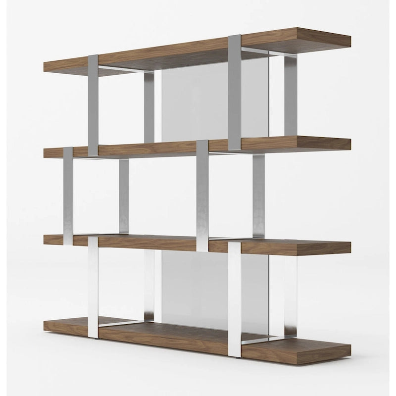 Modern Walnut Glass & Stainless Steel Bookshelf