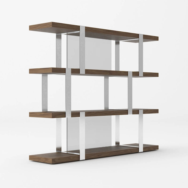 Modern Walnut Glass & Stainless Steel Bookshelf