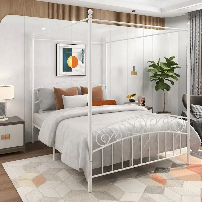 Metal Canopy Bed Frame with Ornate European Style Headboard & Footboard Sturdy Steel Fits Your Mattress Easy DIY