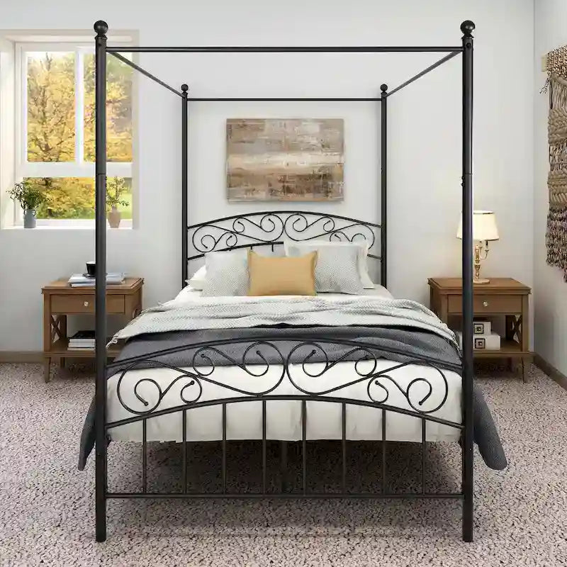 Metal Canopy Bed Frame with Ornate European Style Headboard & Footboard Sturdy Steel Fits Your Mattress Easy DIY