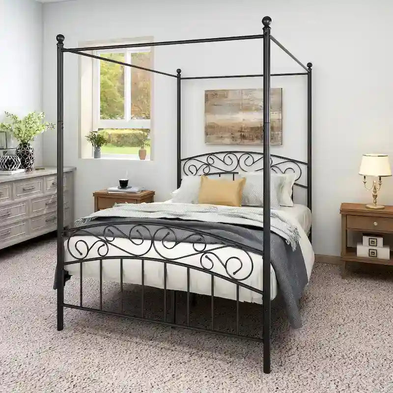 Metal Canopy Bed Frame with Ornate European Style Headboard & Footboard Sturdy Steel Fits Your Mattress Easy DIY