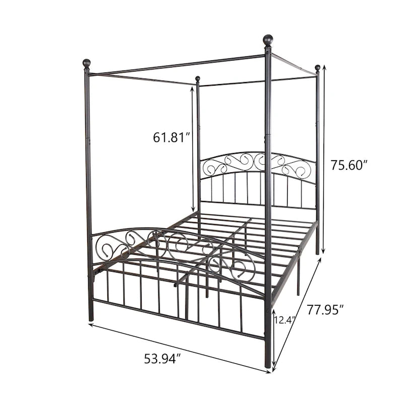 Metal Canopy Bed Frame with Ornate European Style Headboard & Footboard Sturdy Steel Fits Your Mattress Easy DIY