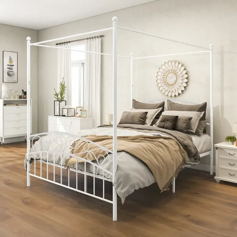 Metal Canopy Bed Frame with Ornate European Style Headboard & Footboard Sturdy Steel Fits Your Mattress Easy DIY