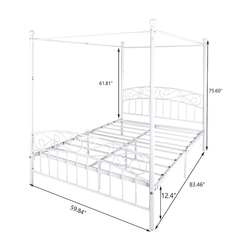 Metal Canopy Bed Frame with Ornate European Style Headboard & Footboard Sturdy Steel Fits Your Mattress Easy DIY