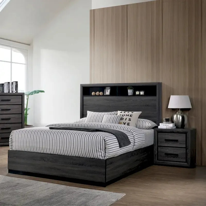 Rothwell Contemporary Grey Wood Wood 2-Piece Panel Bedroom Set with Shelves by Strick & Bolton