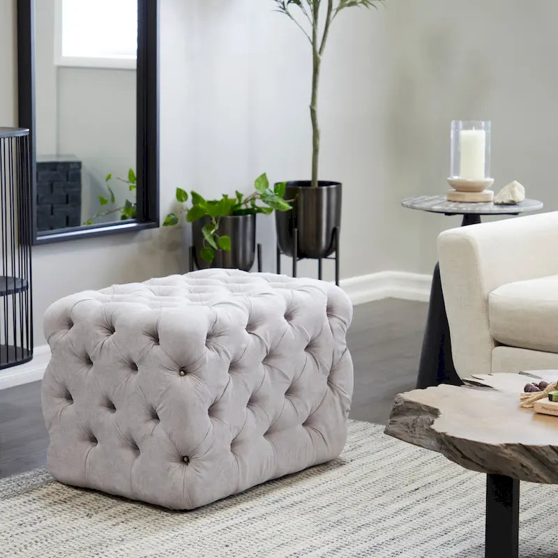 Black Tan or Grey Wood Tufted Fabric Modern Glam Ottoman Bench