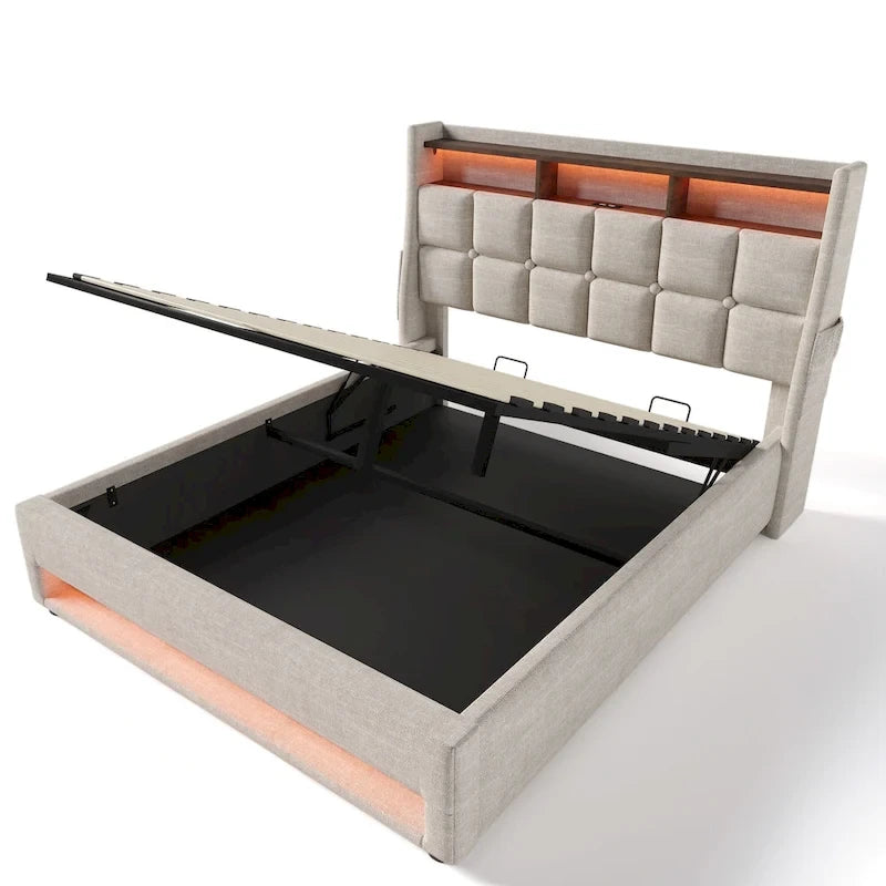 Queen size Upholstered Platform bed with a Hydraulic Storage System, LED and USB Charging, Grey (without mattress)