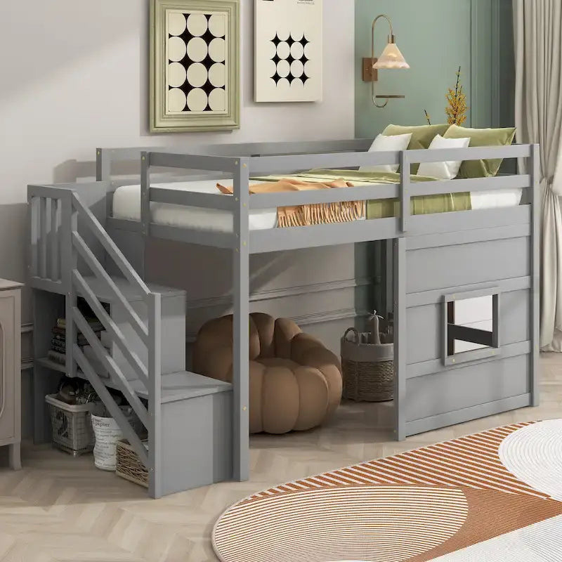 Twin Size Loft Bed with Storage Staircase and Window, Gray