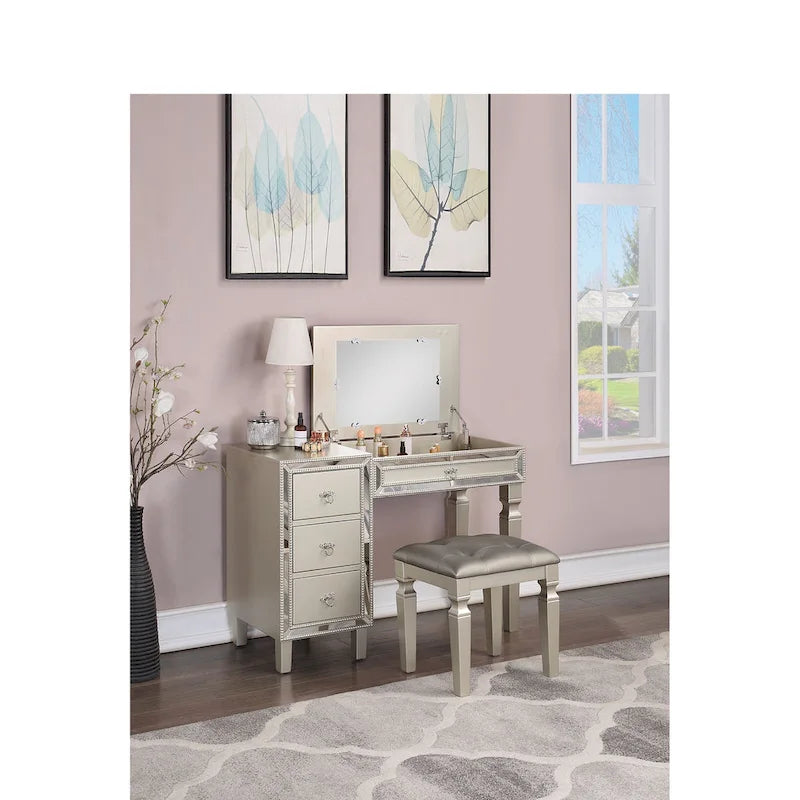 Poundex Wooden Makeup Vanity Set with Lift-up Mirror and Stool - Desk 43 x 18 x 30~47H, Stool 18 x 16 x 18H
