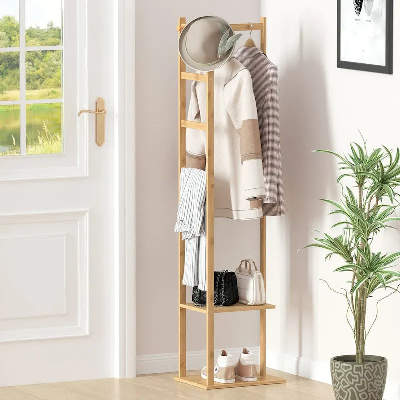 15 Wide Solid Wood Freestanding Coat Rack with Storage - Bamboo Color