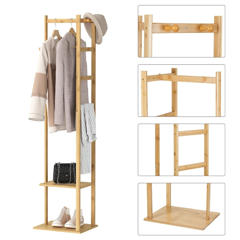 15 Wide Solid Wood Freestanding Coat Rack with Storage - Bamboo Color