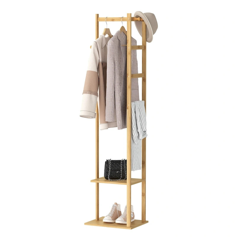 15 Wide Solid Wood Freestanding Coat Rack with Storage - Bamboo Color
