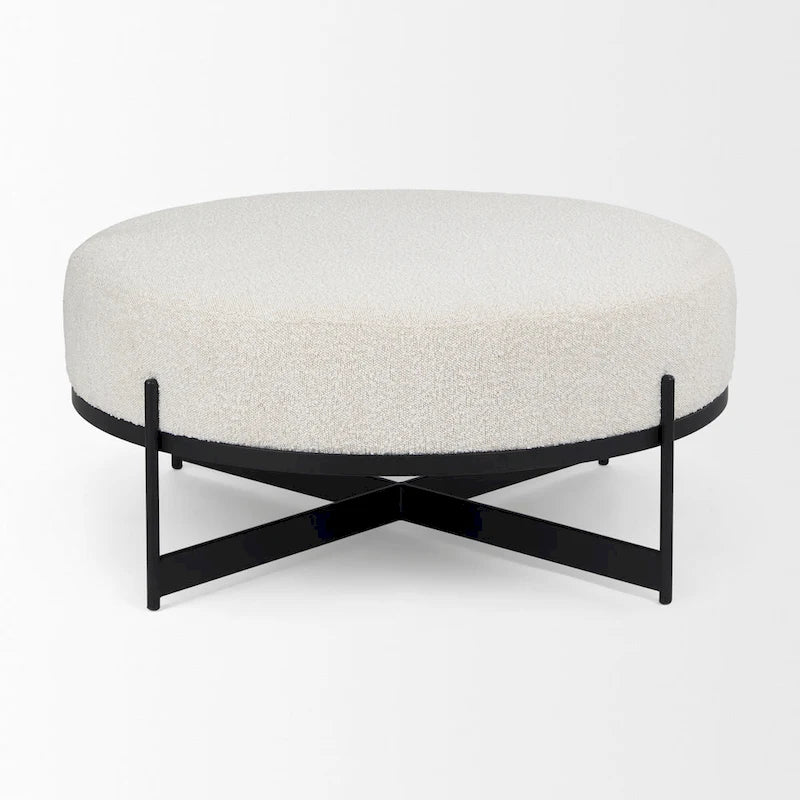 Amelia Cream Boucle Fabric with Black Metal Frame Round Ottoman