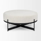 Amelia Cream Boucle Fabric with Black Metal Frame Round Ottoman