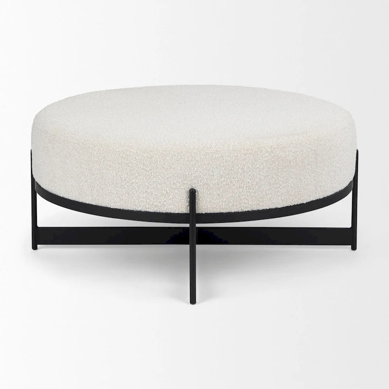 Amelia Cream Boucle Fabric with Black Metal Frame Round Ottoman