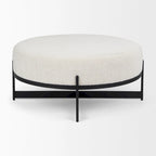 Amelia Cream Boucle Fabric with Black Metal Frame Round Ottoman