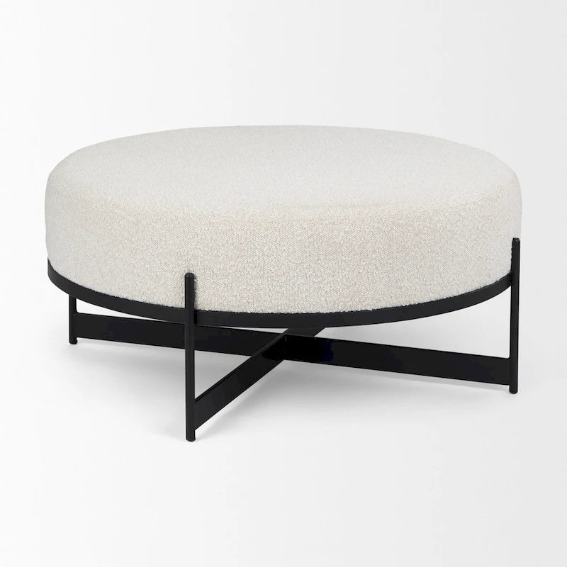 Amelia Cream Boucle Fabric with Black Metal Frame Round Ottoman
