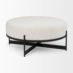 Amelia Cream Boucle Fabric with Black Metal Frame Round Ottoman